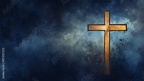 golden cross on a dark blue textured background with vibrant splashes