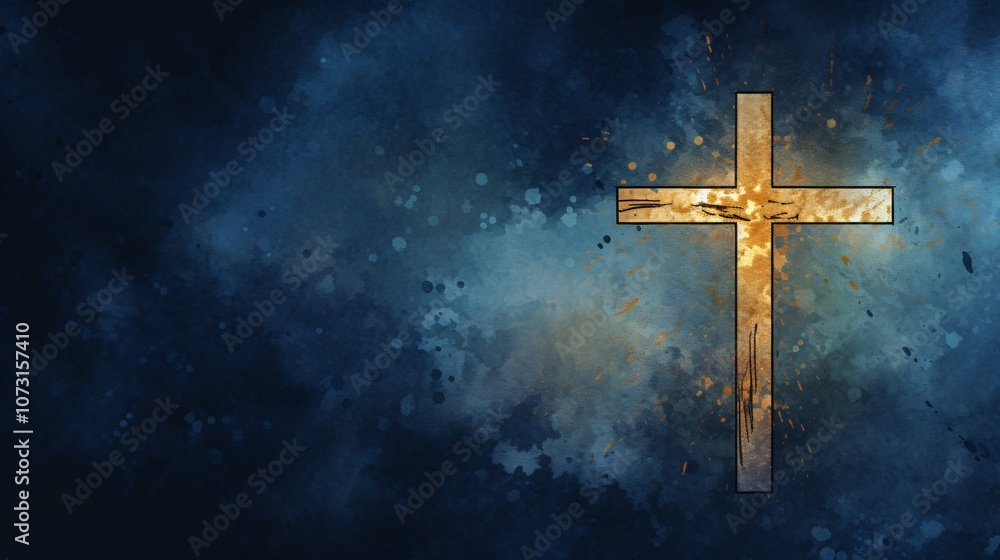 Fototapeta premium golden cross on a dark blue textured background with vibrant splashes
