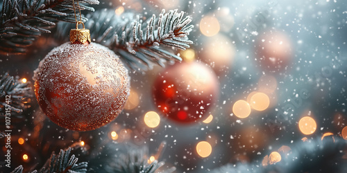 Wallpaper Mural Decorated xmas spruce tree with Christmas red ornaments on glitter bokeh background with lights. Merry Christmas card. Winter holiday festive theme. Happy New Year.	
 Torontodigital.ca