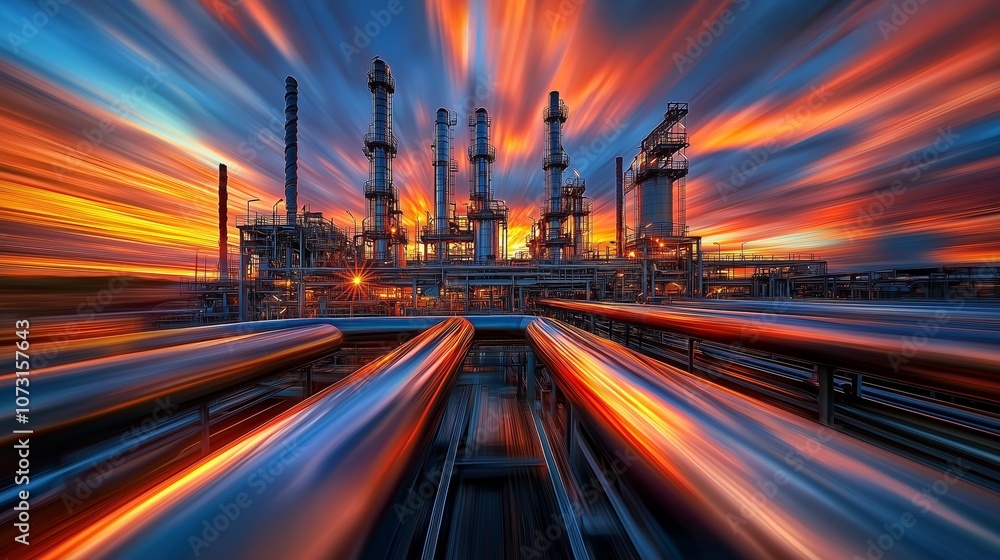 Industrial Refinery at Sunset with Motion Effect Industrial Refinery at Sunset with Motion Effect