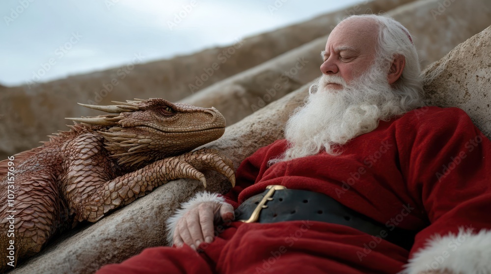 Fototapeta premium Santa, with a contemplative expression, sits against stone steps, cradling a dragon, blending myth and nostalgia.