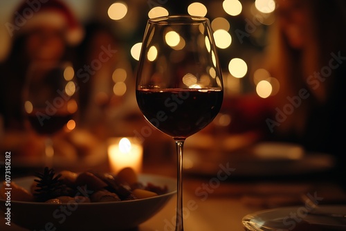 Festive Dinner Table with Wine Glass and Candlelight Ambiance : Generative AI photo