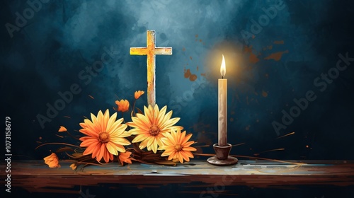 Serene still life with cross, yellow chrysanthemums and candles in soft glow of burning flame on dark blue background. Watercolour illustration for All Saints Day All Souls Day, memorials and funerals photo