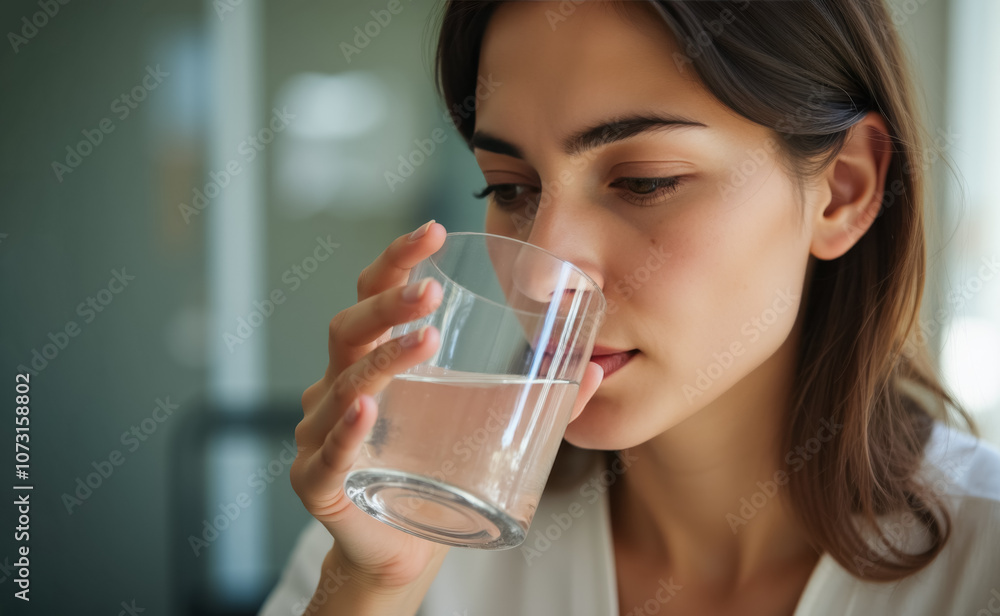 Woman drinking water for hydration and wellness at home Woman drinking water for hydration and wellness at home