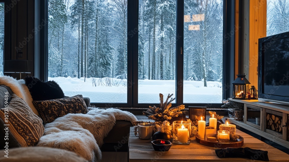Cozy Cabin Interior with Snowy Forest View and Candles Cozy Cabin Interior with Snowy Forest View and Candles