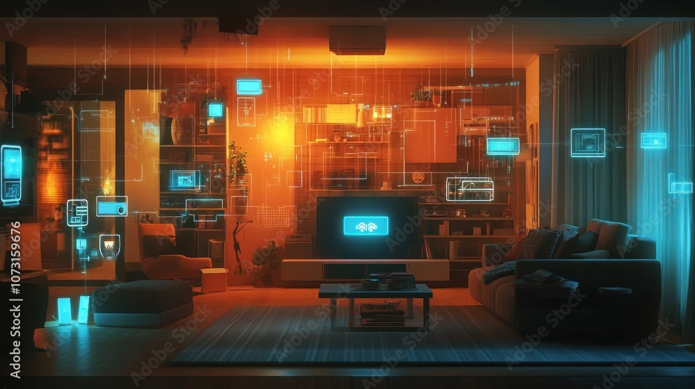 A futuristic smart home living room with a digital interface showing connected devices. A futuristic smart home living room with a digital interface showing connected devices.