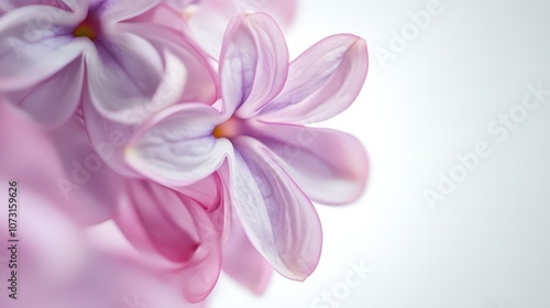 Delicate lilac flowers blossom in soft pastel tones against a gentle white background