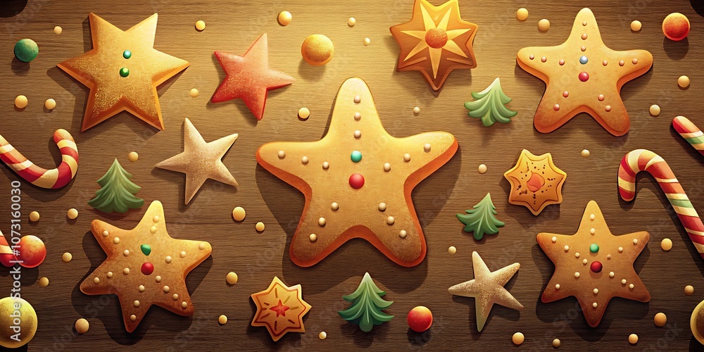Traditional Cookies, Stars, and Candy Canes Pattern on Wooden Surface Traditional Cookies, Stars, and Candy Canes Pattern on Wooden Surface