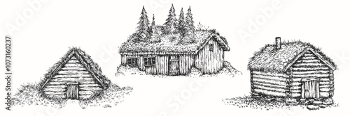 House or cabin with grass roof in sketch hand drawn style. Vector monochrome illustration.