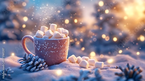 A Snowy Winter Scene with a Mug of Hot Chocolate and Marshmallows