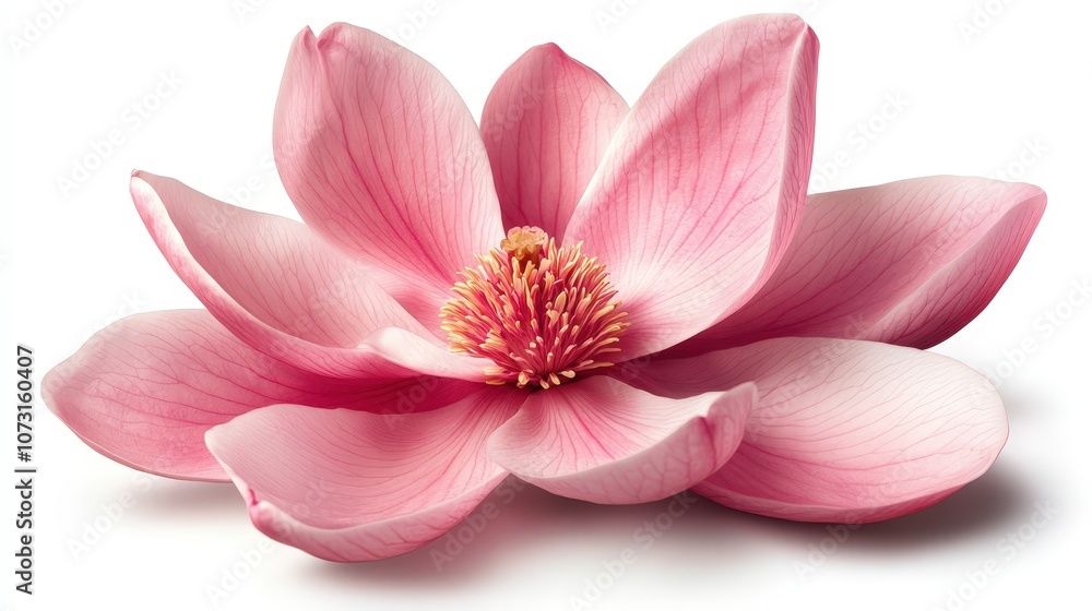 Fototapeta premium Delicate pink magnolia blossom with soft petals and central stamen close-up