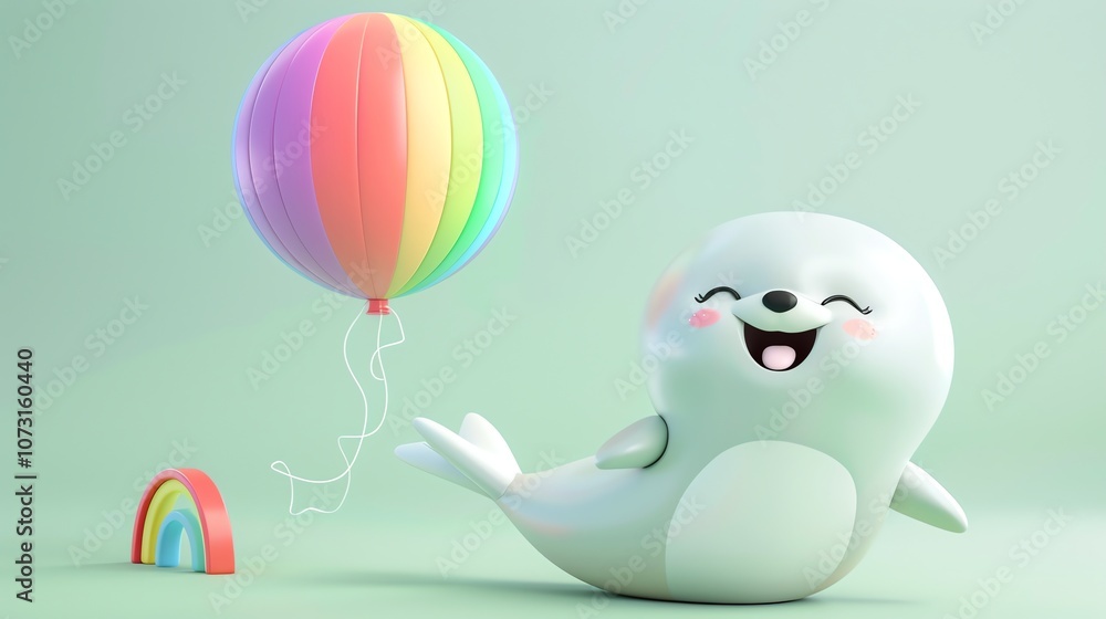Obraz premium A cute cartoon seal with a rainbow balloon on a green background.