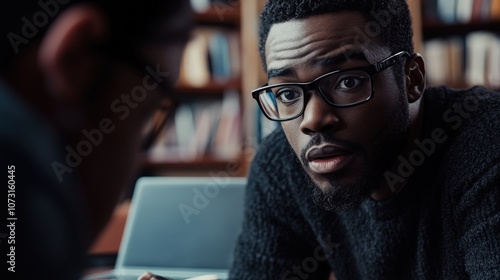 A focused man listening intently during a serious conversation in a library setting. photo