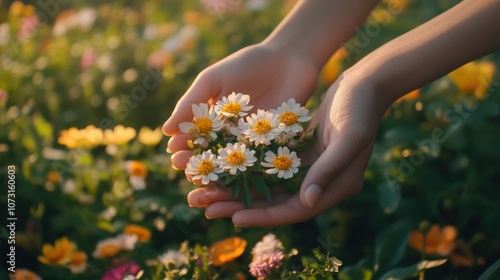 A person gently holds a bouquet of vibrant flowers in a colorful garden setting.