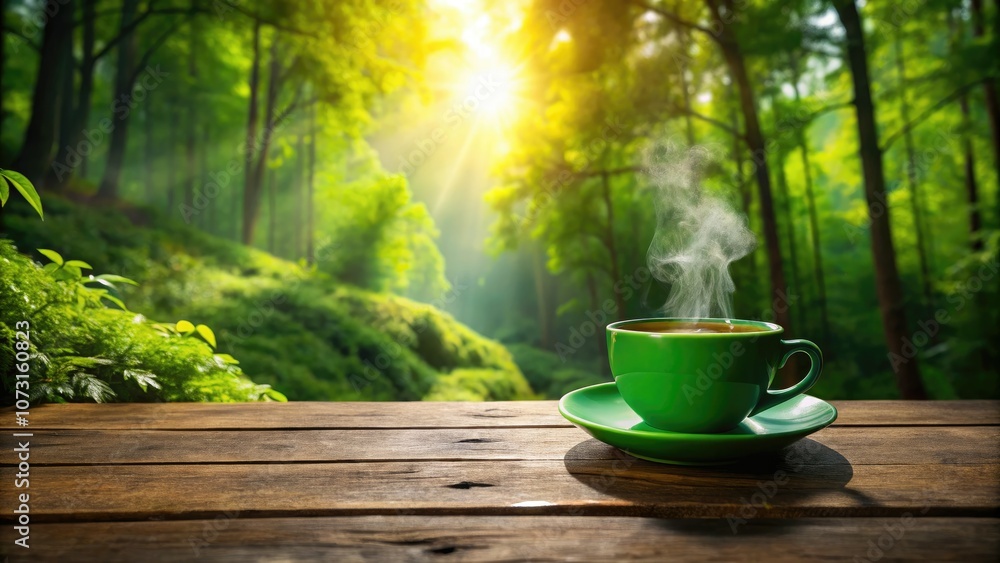 Steaming green coffee cup embraced by a lush forest, exuding tranquility and nature’s elegance; a perfect imagery for those seeking relaxation and mindfulness in their surroundings. Steaming green coffee cup embraced by a lush forest, exuding tranquility and nature’s elegance; a perfect imagery for those seeking relaxation and mindfulness in their surroundings.