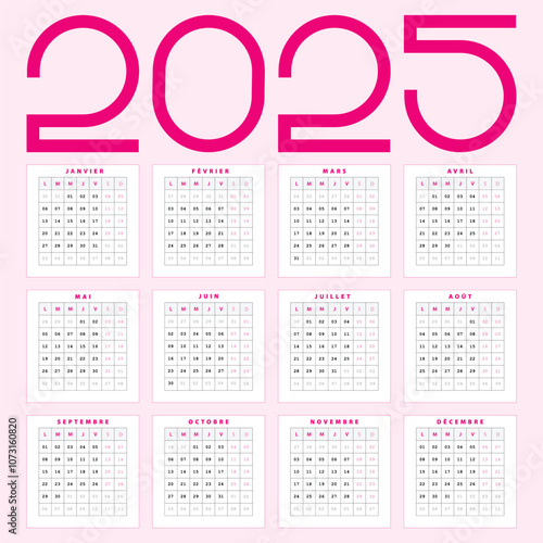 Calendrier 2025 rose, Design Vectoriel simple de calendrier Français nouvelle année 2025