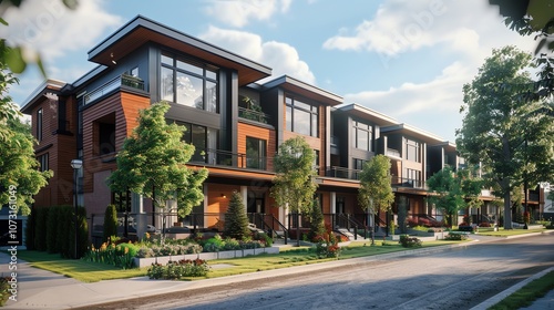 A row of modern townhouses with large windows and wooden siding, set on a quiet street lined with trees.