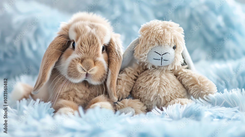 Fototapeta premium A fluffy rabbit is sitting next to a plush toy rabbit.