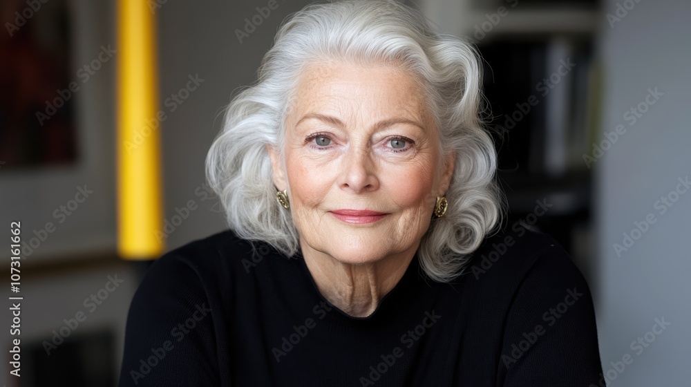 A refined woman with flowing white hair gazes softly, her black attire radiating elegance amidst a serene home setting, embodying wisdom and beauty. A refined woman with flowing white hair gazes softly, her black attire radiating elegance amidst a serene home setting, embodying wisdom and beauty.