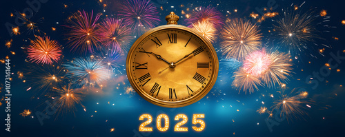 Wallpaper Mural Golden clock set to midnight against a dark blue sky filled with bright, multicolored fireworks and a subtle glow surrounding the 2025 numerals below Torontodigital.ca