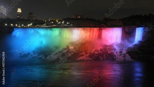 spectacular view of multi-colored, illuminated american falls and bridal veil falls at night from the canadian side of the niagara falls in the niagara river,  ontario