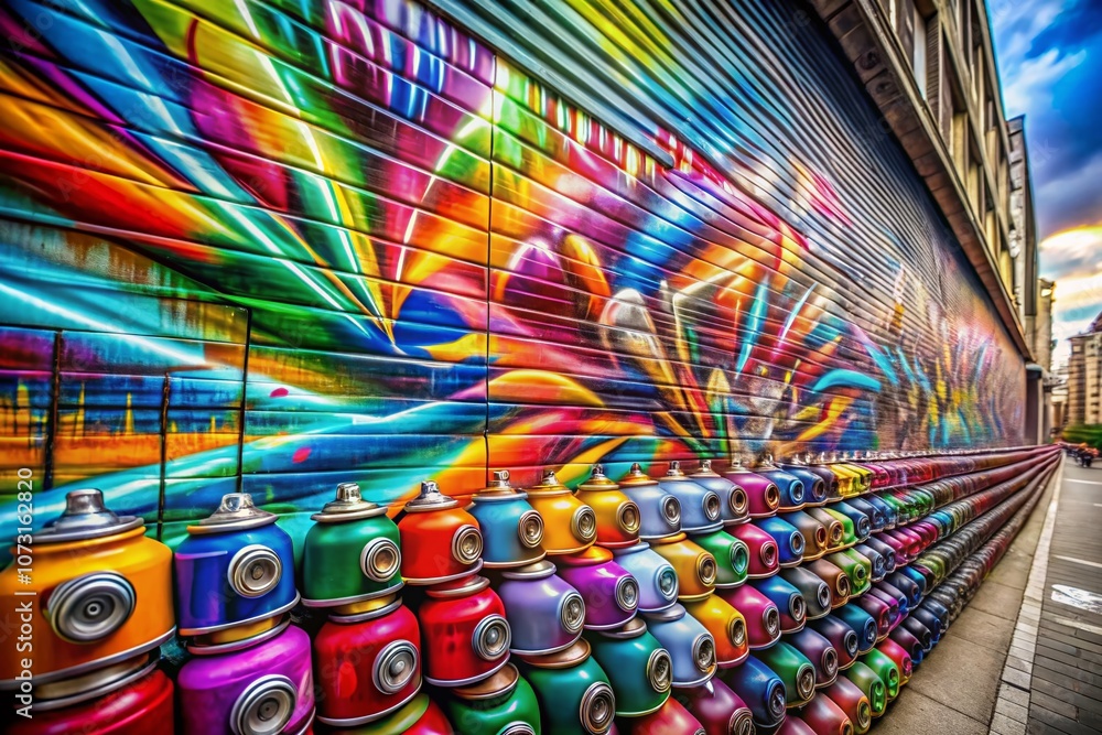 Obraz premium Vibrant Graffiti Artwork with Bright Aerosol Strips on Metal Wall, Showcasing Contemporary Street Art and Youth Culture in a Colorful Urban Environment