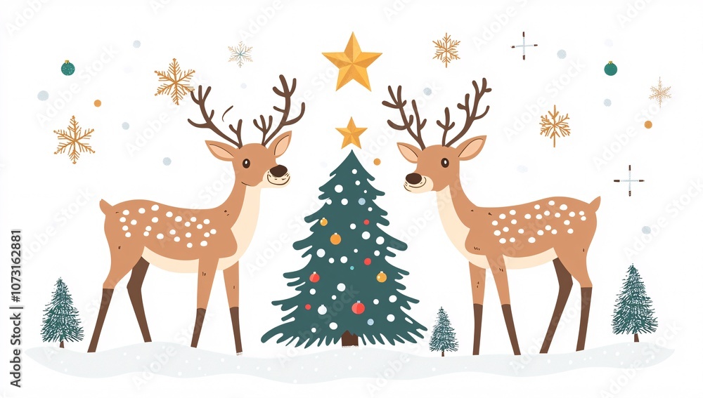 Two cheerful deer standing beside a decorated Christmas tree with ornaments and snowflakes in a festive winter setting Two cheerful deer standing beside a decorated Christmas tree with ornaments and snowflakes in a festive winter setting