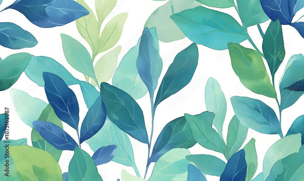 Watercolor Pattern with Green and Blue Leaves, Generative AI Watercolor Pattern with Green and Blue Leaves, Generative AI
