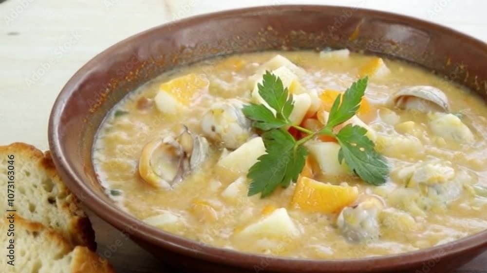 Rich and Creamy Clam Chowder with Clams and Potatoes in a Rustic Bowl by the Ocean Rich and Creamy Clam Chowder with Clams and Potatoes in a Rustic Bowl by the Ocean