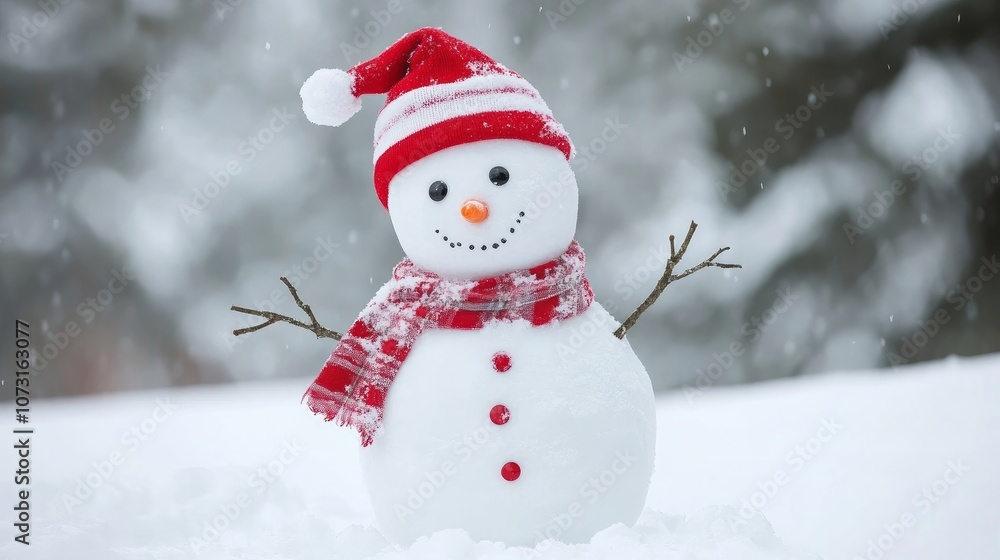 Greeting card for Christmas and New Year's featuring a snowman in a wintry landscape Greeting card for Christmas and New Year's featuring a snowman in a wintry landscape