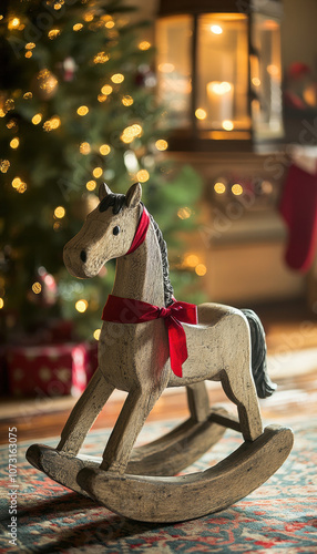 Vintage wooden rocking horse with red ribbon, adding a nostalgic touch to a warm, festive Christmas setting.