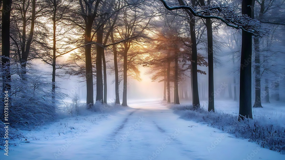 A Sunlit Path Through a Snowy and Foggy Forest A Sunlit Path Through a Snowy and Foggy Forest