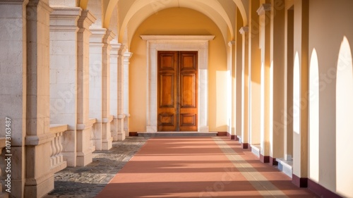 Sunlit arched corridor with wooden door and shadows