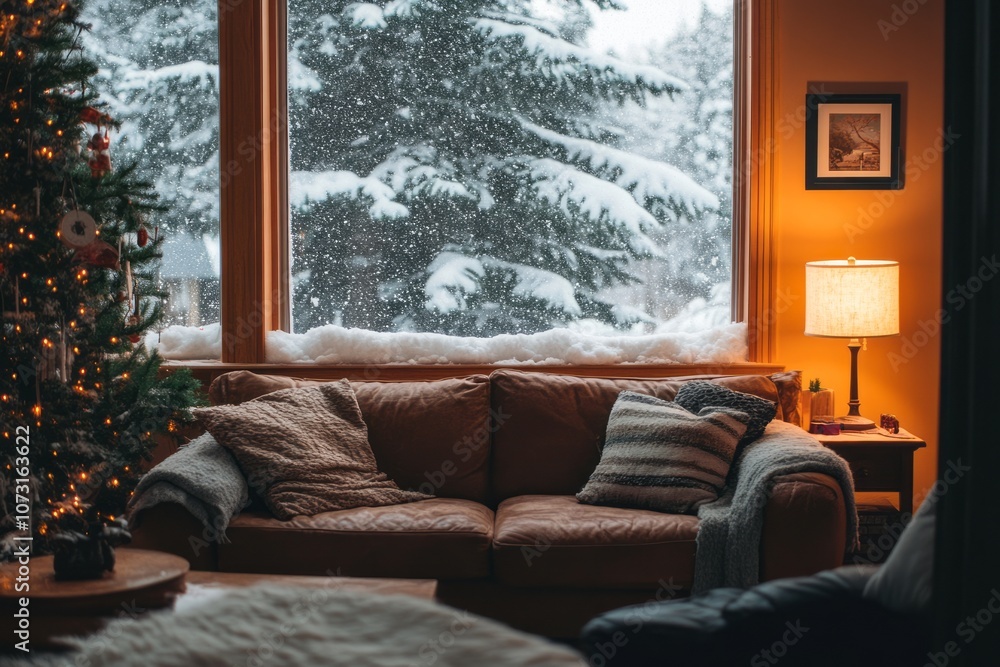 Cozy Living Room with Snowy Window View and Christmas Tree Cozy Living Room with Snowy Window View and Christmas Tree