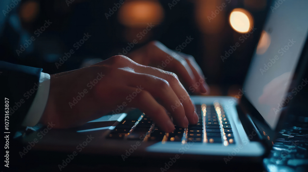 close up hands businessman use computer laptop working in black room business check analyzing finance monitor close up hands businessman use computer laptop working in black room business check analyzing finance monitor
