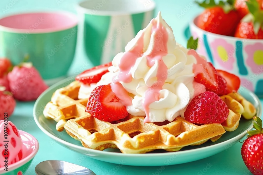 Delicious waffle with strawberries and cream on vibrant plate Delicious waffle with strawberries and cream on vibrant plate