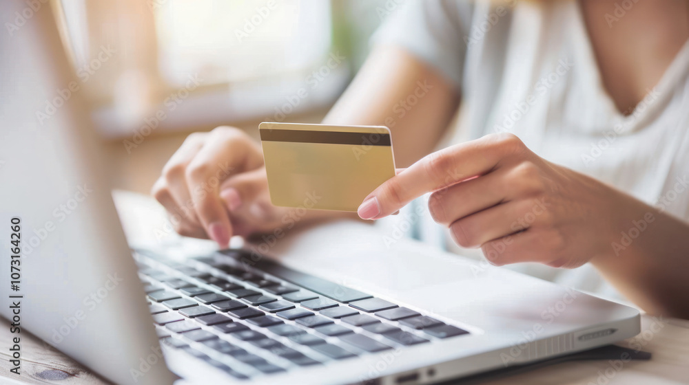 woman use gold credit card for purchase internet shopping online digital in computer laptop commerce lifestyle at home woman use gold credit card for purchase internet shopping online digital in computer laptop commerce lifestyle at home
