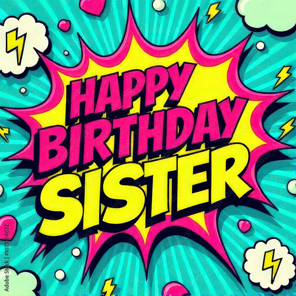 Obraz premium Bold happy birthday sister card with playful 80s-inspired colors and icons.