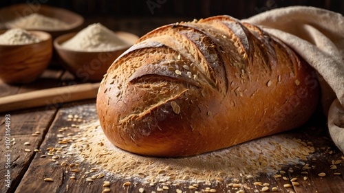 A high-resolution image of a freshly baked loaf of bread placed on a rustic wooden table, surrounded by flour and grains. The crispy, golden crust and soft texture of the bread highlight the artisanal