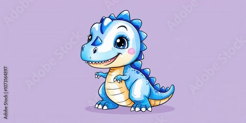 Fototapeta Naklejka Na Ścianę i Meble -  A cute blue cartoon dinosaur with big eyes and a friendly smile, set against a light purple background.