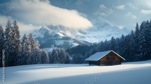 A Wooden Cabin Nestled Among Snow-Covered Mountains and Pine Trees