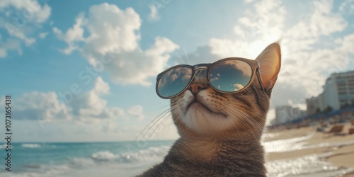 Cat on beach with sunglasses