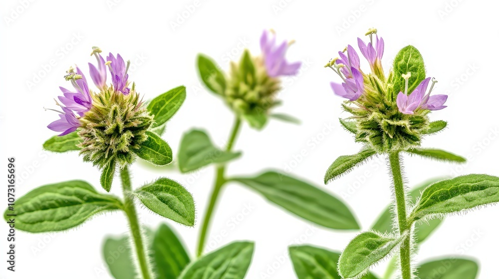 Delicate purple wildflowers with green leaves on white background Delicate purple wildflowers with green leaves on white background