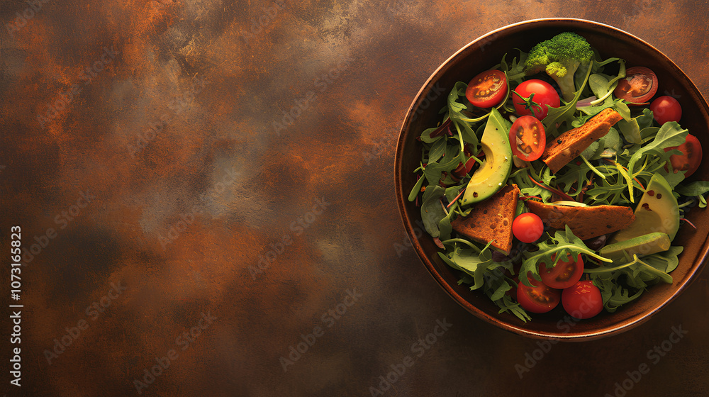 A bowl of vibrant salad with fresh ingredients like cherry tomatoes, cucumber, and avocado, set on a textured surface with room for text A bowl of vibrant salad with fresh ingredients like cherry tomatoes, cucumber, and avocado, set on a textured surface with room for text