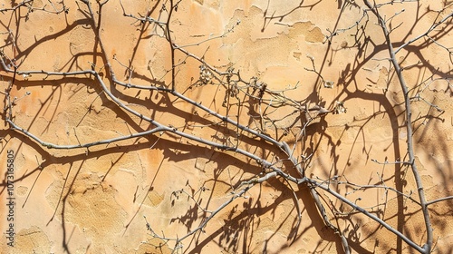 Branches, Shadows, and Sunlight on the Wall - a serene and natural visual. The interplay of branches and shadows cast by sunlight creates a calming atmosphere on the wall. photo