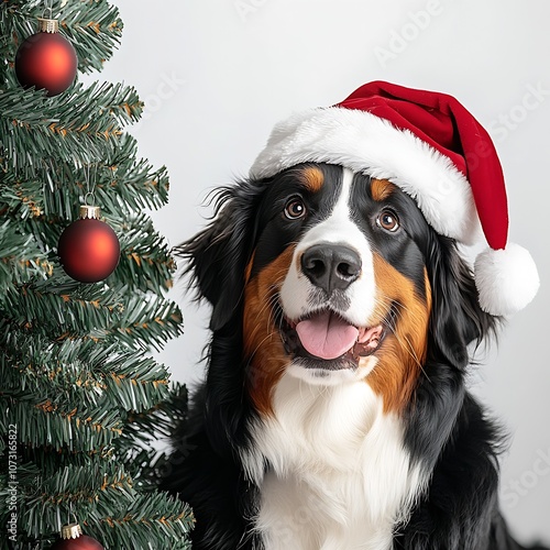 Adorable Bernese Mountain Dog Wearing Santa Hat Beside Decorated Christmas Tree : Generative AI photo