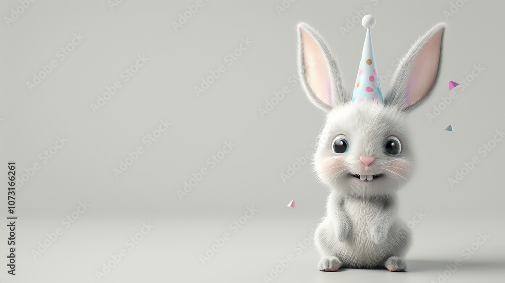 Fototapeta premium A cute cartoon bunny wearing a party hat, sitting in front of a white background.