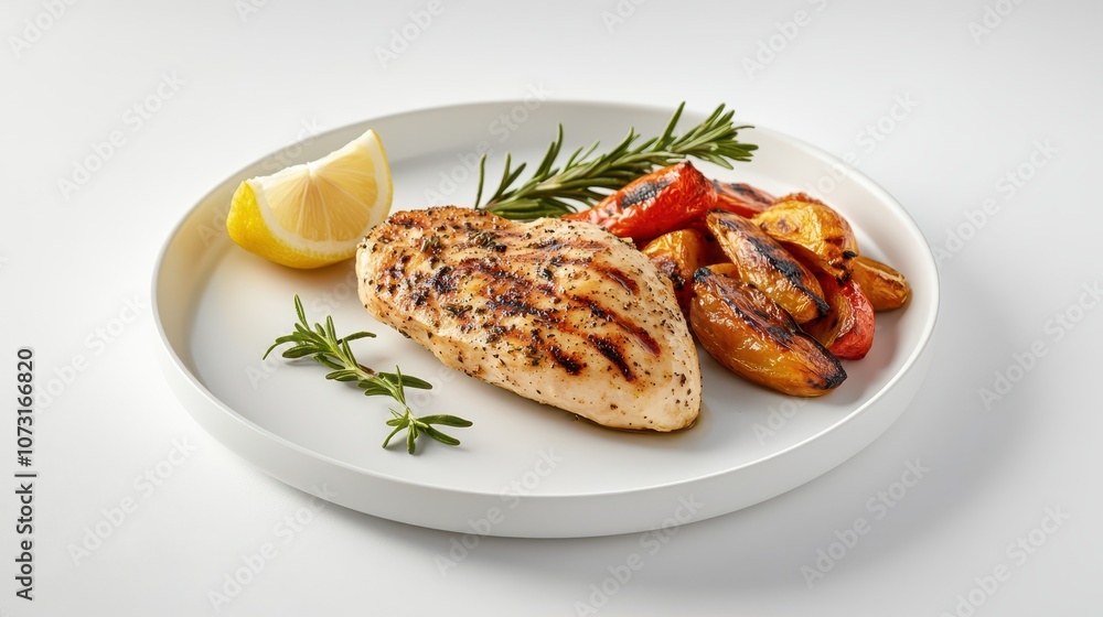 Grilled Chicken Breast with Roasted Vegetables on White Plate: 45-Degree Angle, Lemon Wedge and Rosemary, Clean Composition, Studio Lighting, Commercial Photography. Grilled Chicken Breast with Roasted Vegetables on White Plate: 45-Degree Angle, Lemon Wedge and Rosemary, Clean Composition, Studio Lighting, Commercial Photography.