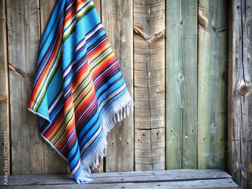 Vibrant Mexican Poncho Draped Elegantly Against a Rustic Background with Ample Copy Space for Text or Branding Needs photo