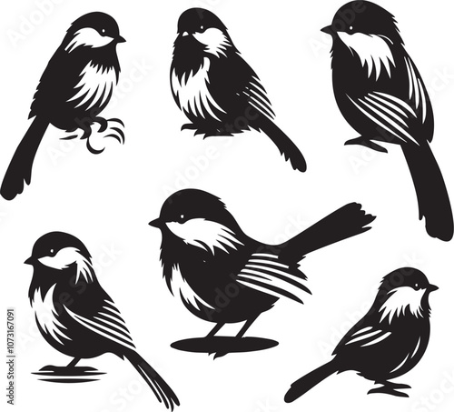 Black capped chickadee sitting poses silhouette set black and white 